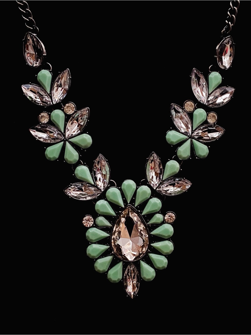 Pastel Mint Green + Clear Crystal Floral Cluster Bib Statement Necklace